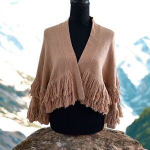 BCBGMAXAZRIA Women’s Tan Fringe Knit Open Front Cardigan Size S